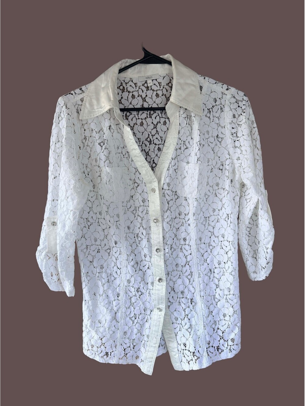 Sheer White Floral Lace Button Down Blouse Crystal Buttons Cottagecore Size M